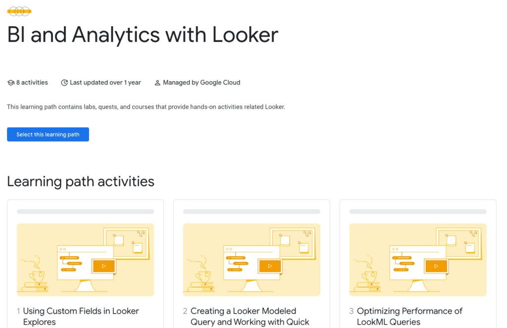 Overview of BI and Analytics learning path with activities related to Looker.