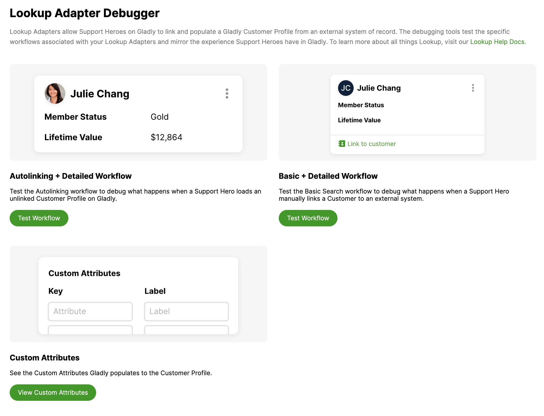 Lookup Adapter Debugger interface showing customer profiles and workflow testing options.