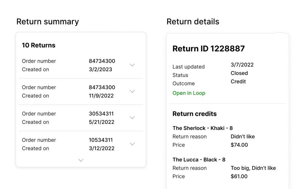 Summary of return details including order numbers, dates, and return reasons.