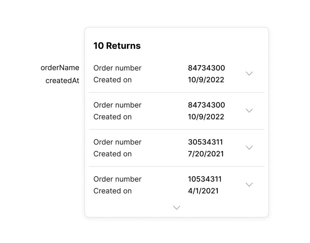 List of ten returns with order numbers and creation dates displayed clearly.