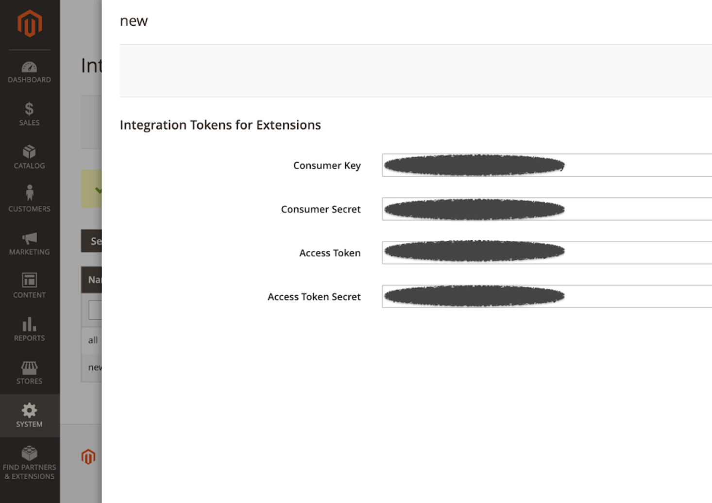 Integration tokens for extensions including consumer key and access token fields.