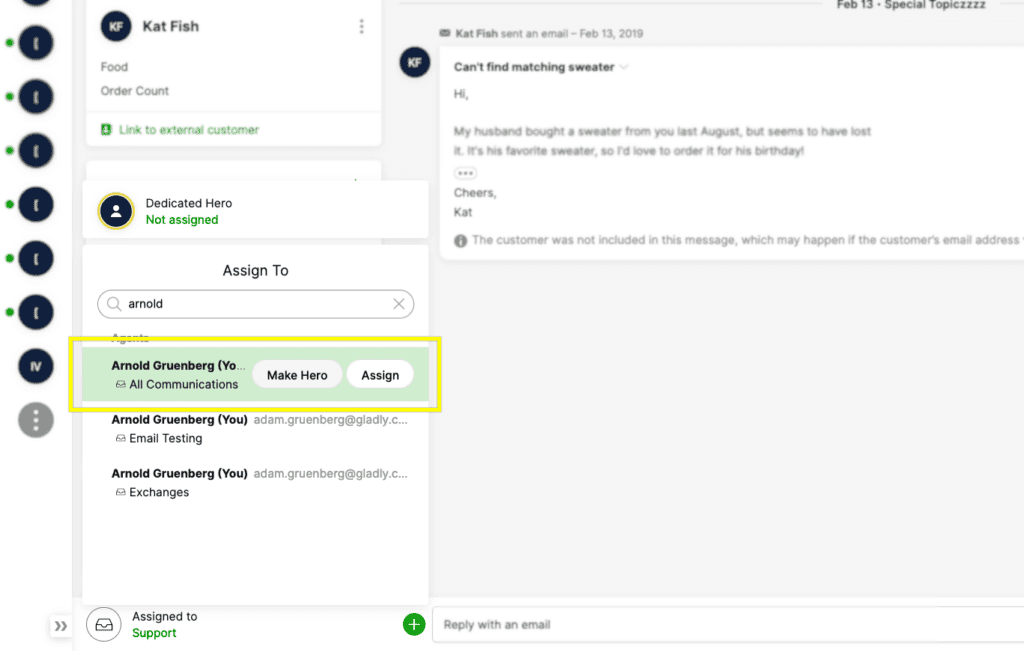 Assigning a task to Arnold Gruenberg in a customer support interface.