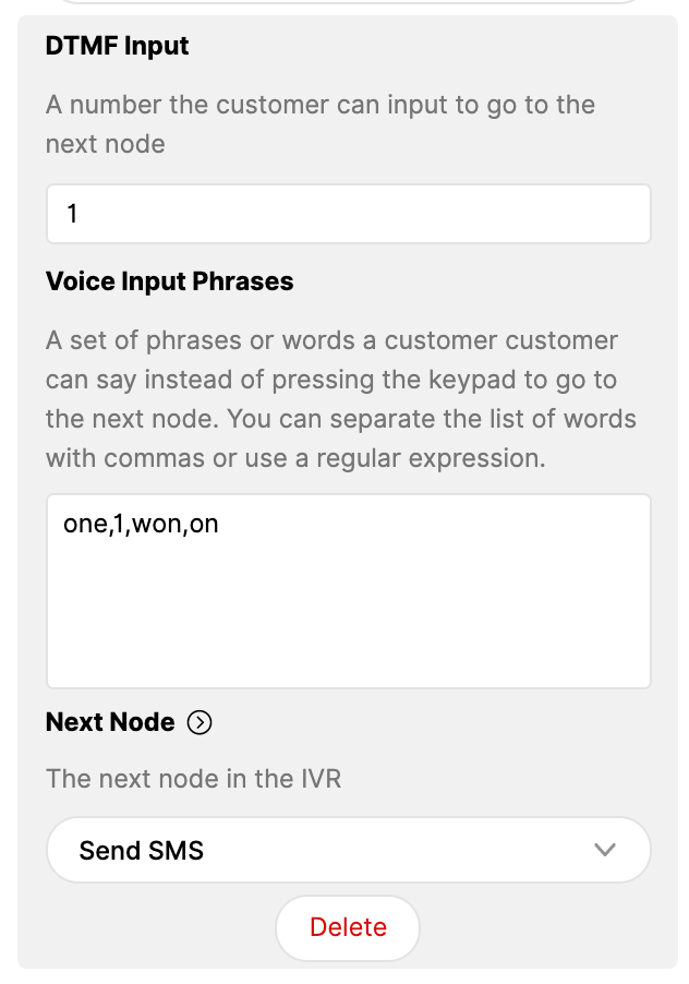 DTMF input options and voice phrases for customer interaction in IVR system.