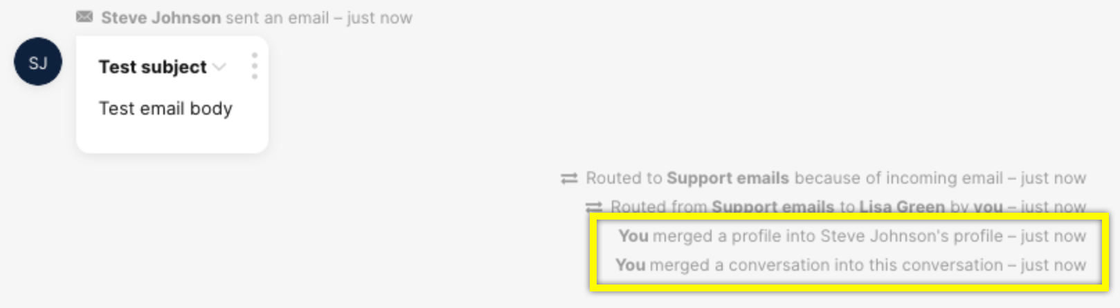 Email notification showing merged profiles and conversations related to Steve Johnson.