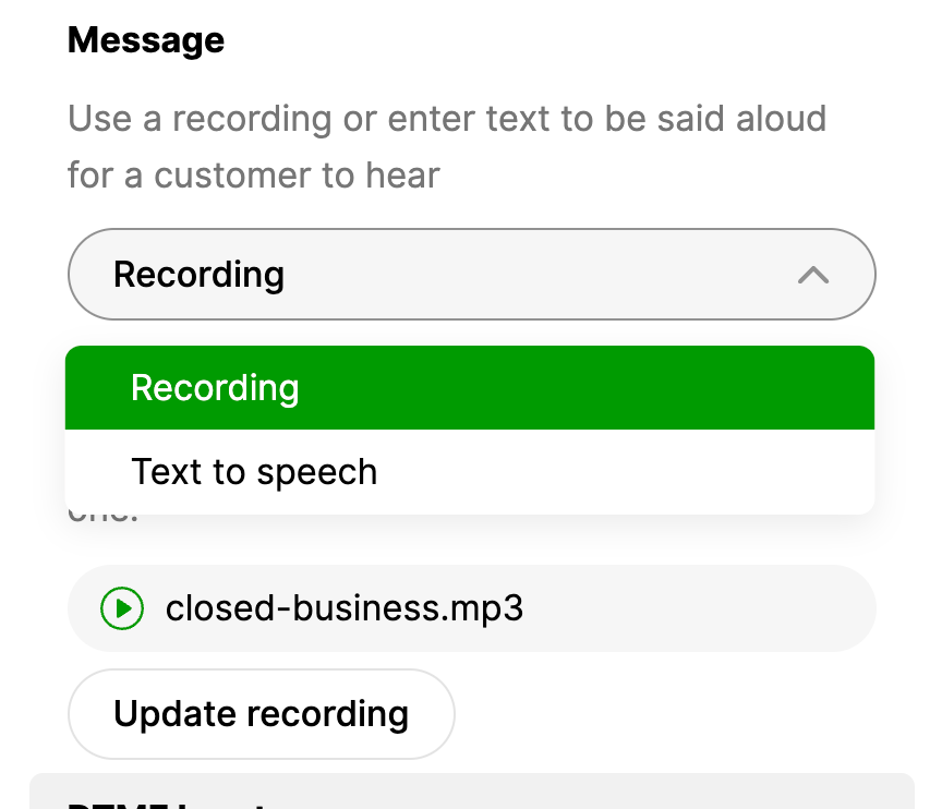 Options for recording messages include audio files and text-to-speech features.