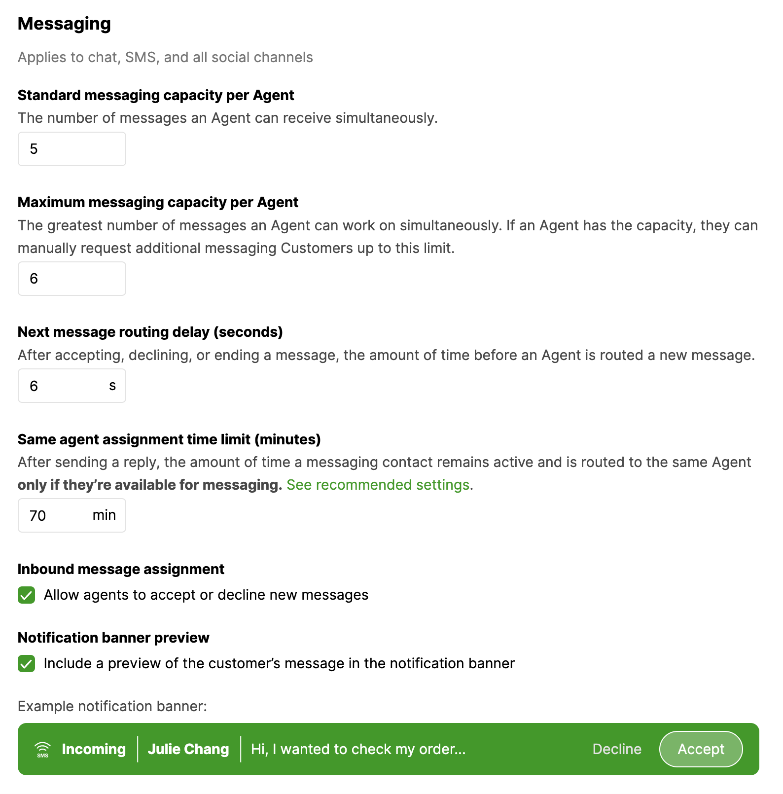 Messaging settings for agents, including capacity limits and notification previews.