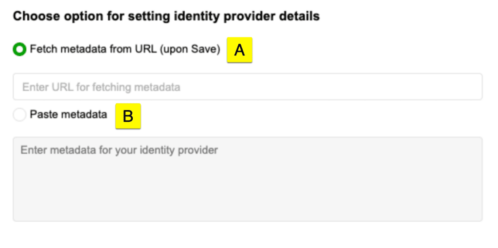 Options for setting identity provider details with metadata fetching and pasting options.