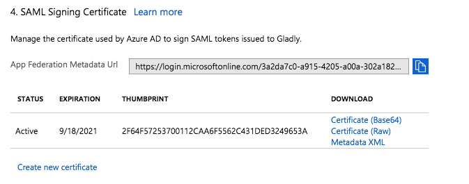 SAML Signing Certificate management interface with status, expiration, and download options displayed.