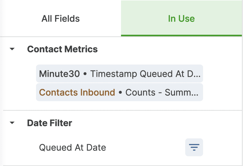 Overview of contact metrics and date filter options in a user interface.