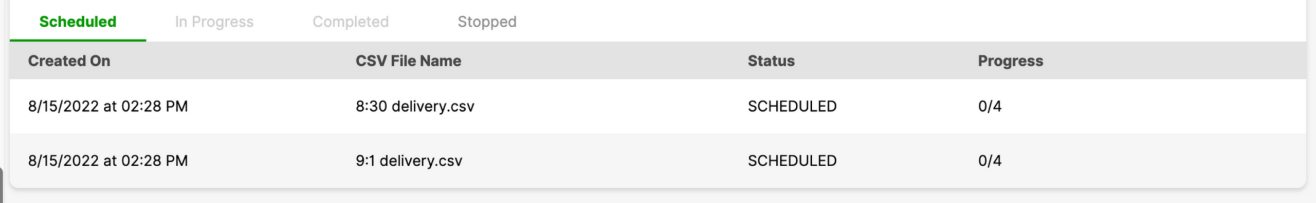 List of scheduled CSV files with their creation date and status information.