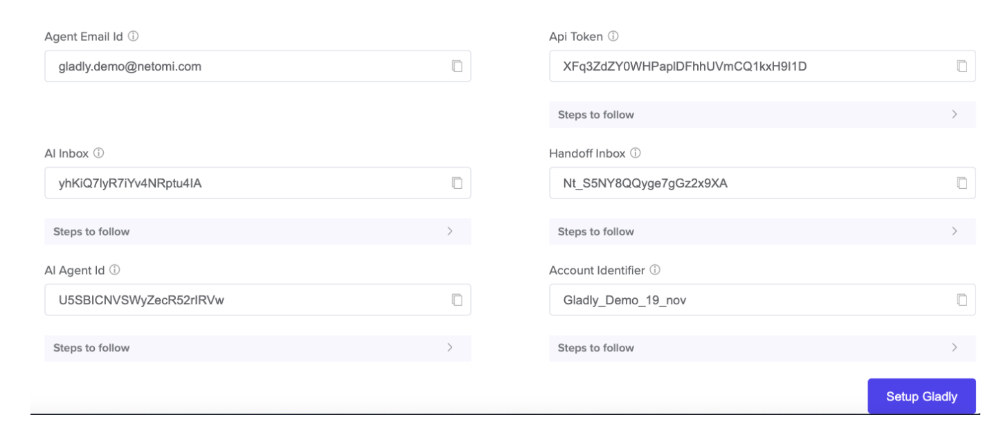 Form fields for agent setup including email, API token, and account identifier.