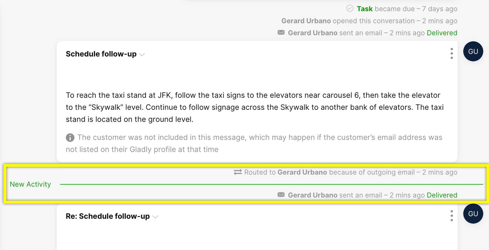 New activity notification for Gerard Urbano regarding customer email follow-up task.