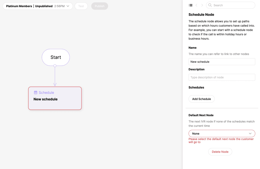 Flowchart illustrating a schedule node setup with options for naming and descriptions.