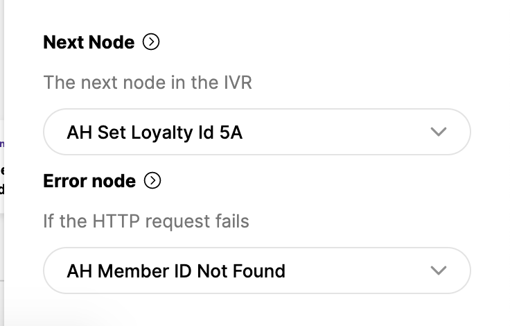 IVR flow showing next node and error handling for loyalty ID requests.