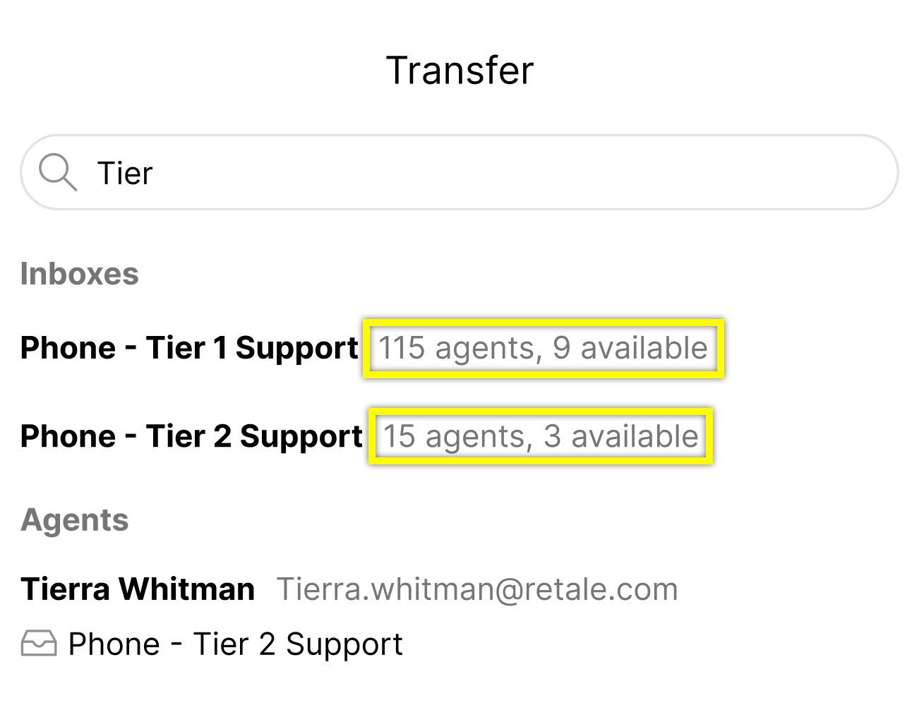 Support transfer options showing available agents for Tier 1 and Tier 2 support.