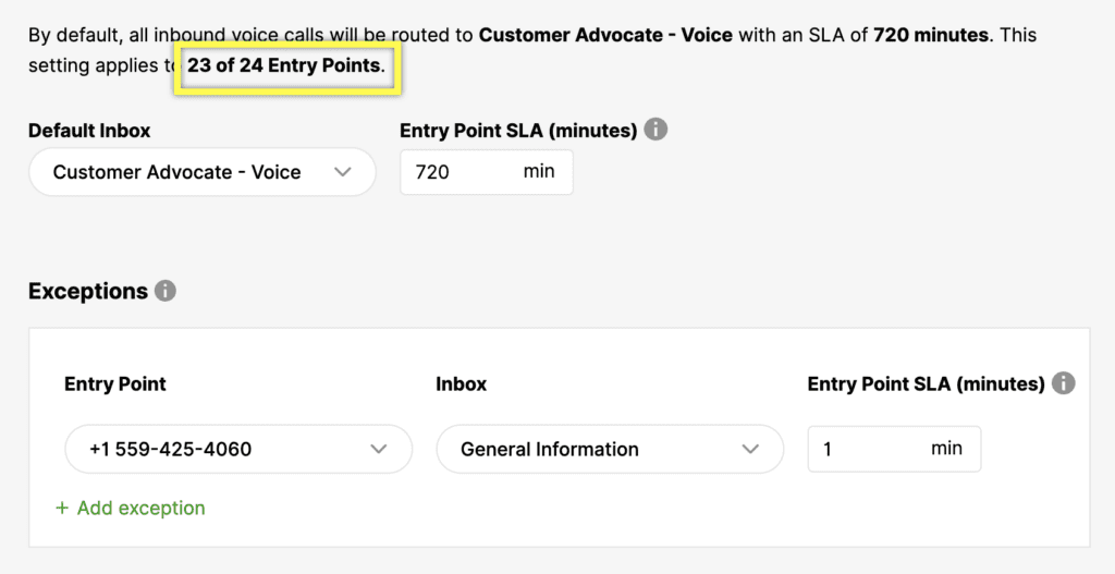 Settings for inbound voice calls, showing entry points and service level agreements.