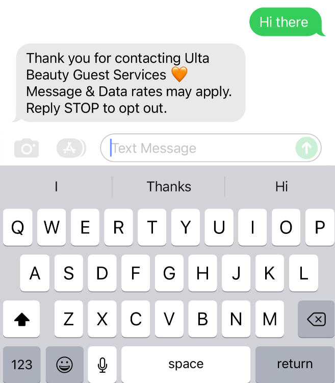 Text message from Ulta Beauty Guest Services thanking for contact and providing opt-out information.