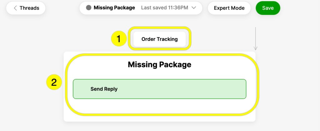 Order tracking interface showing a missing package and a reply option.