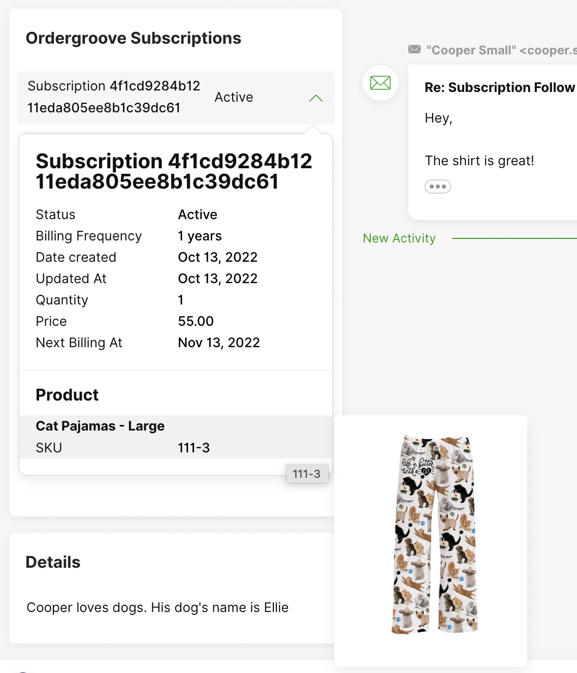 Subscription details for Cat Pajamas, including price and next billing date.