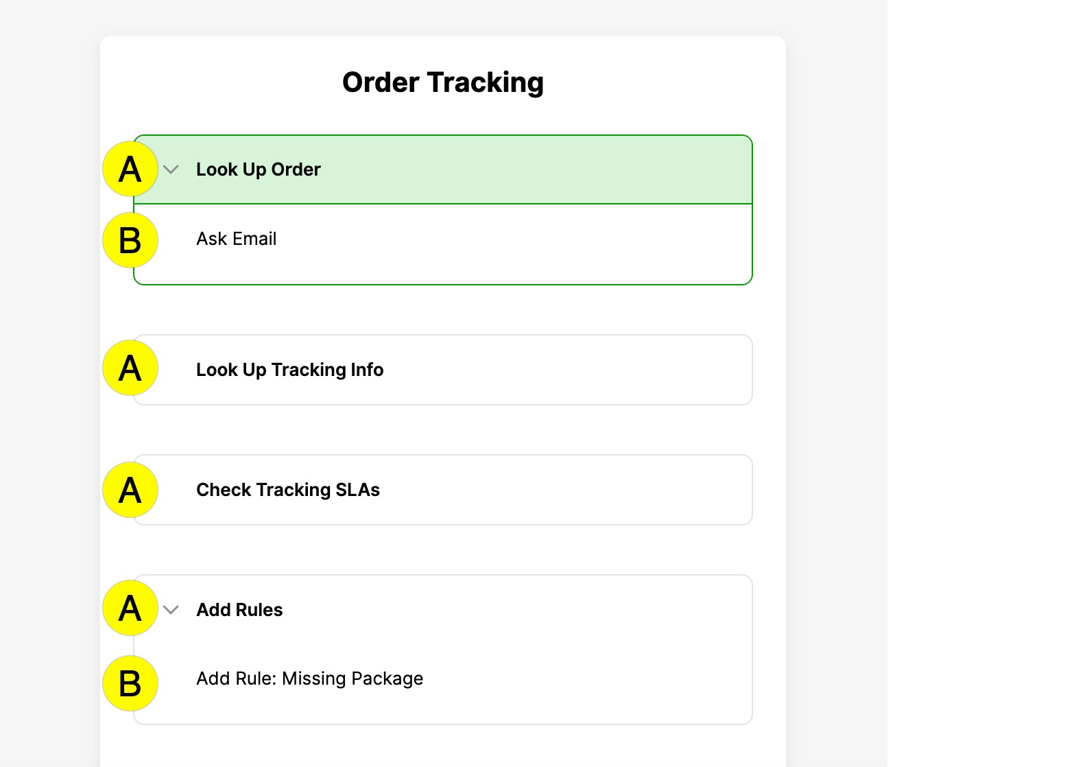 Order tracking steps including looking up orders and adding rules for missing packages.