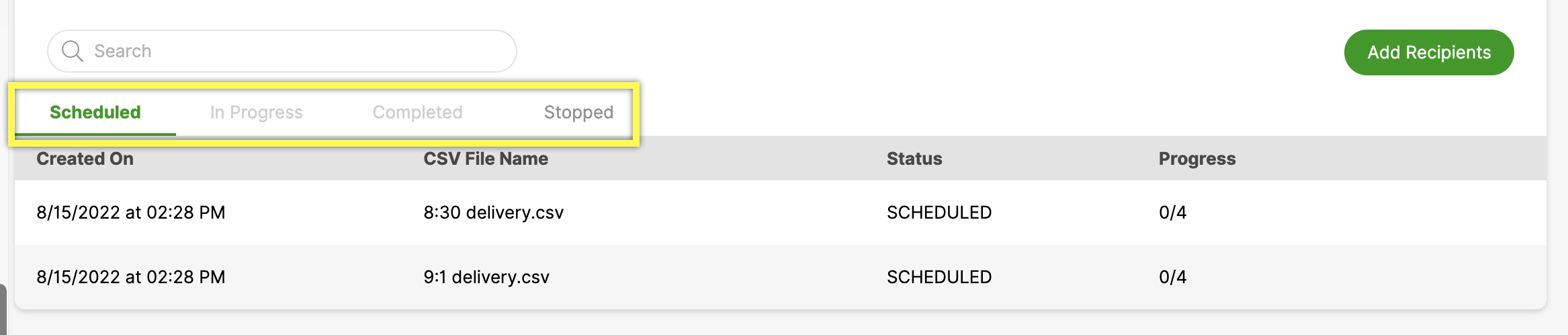 Overview of scheduled tasks with details on creation and status of CSV files.