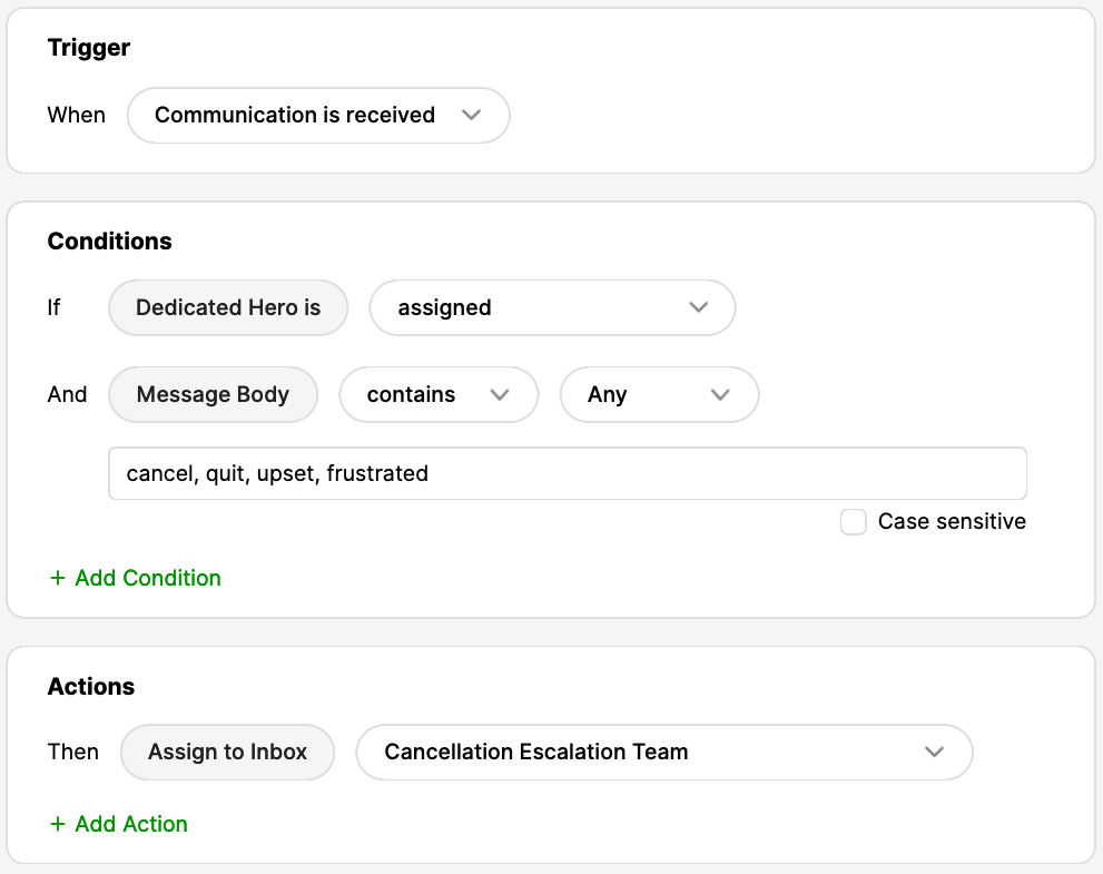 Workflow for handling communication with specific conditions and actions outlined clearly.