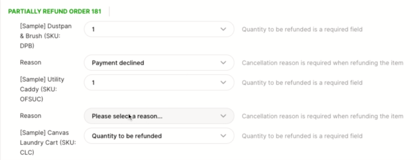 Partial refund order details including items, quantities, and reasons for cancellation.