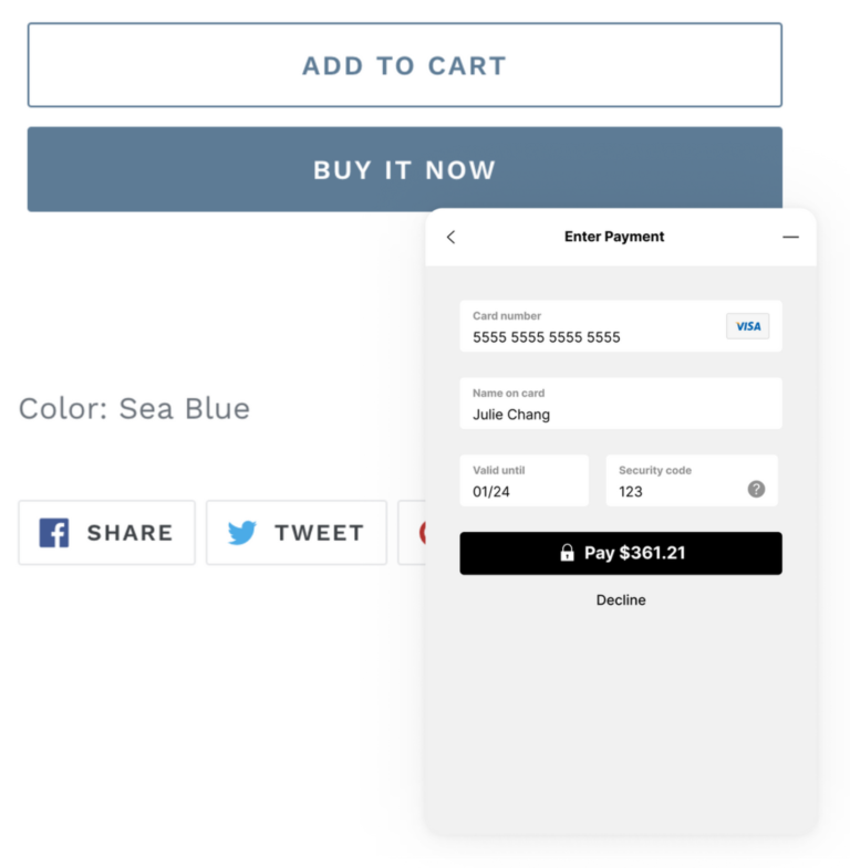 Payment form displaying card details and total amount for purchase confirmation.