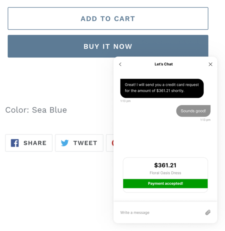 Chat interface discussing payment for a Floral Oasis Dress priced at $361.21.