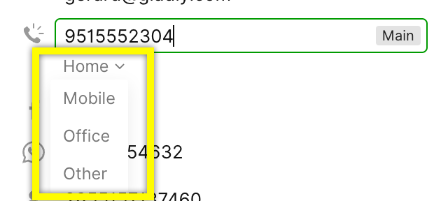 Contact information fields including phone types: Home, Mobile, Office, and Other.