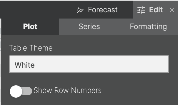 Settings panel for table theme and row number display options in a software interface.