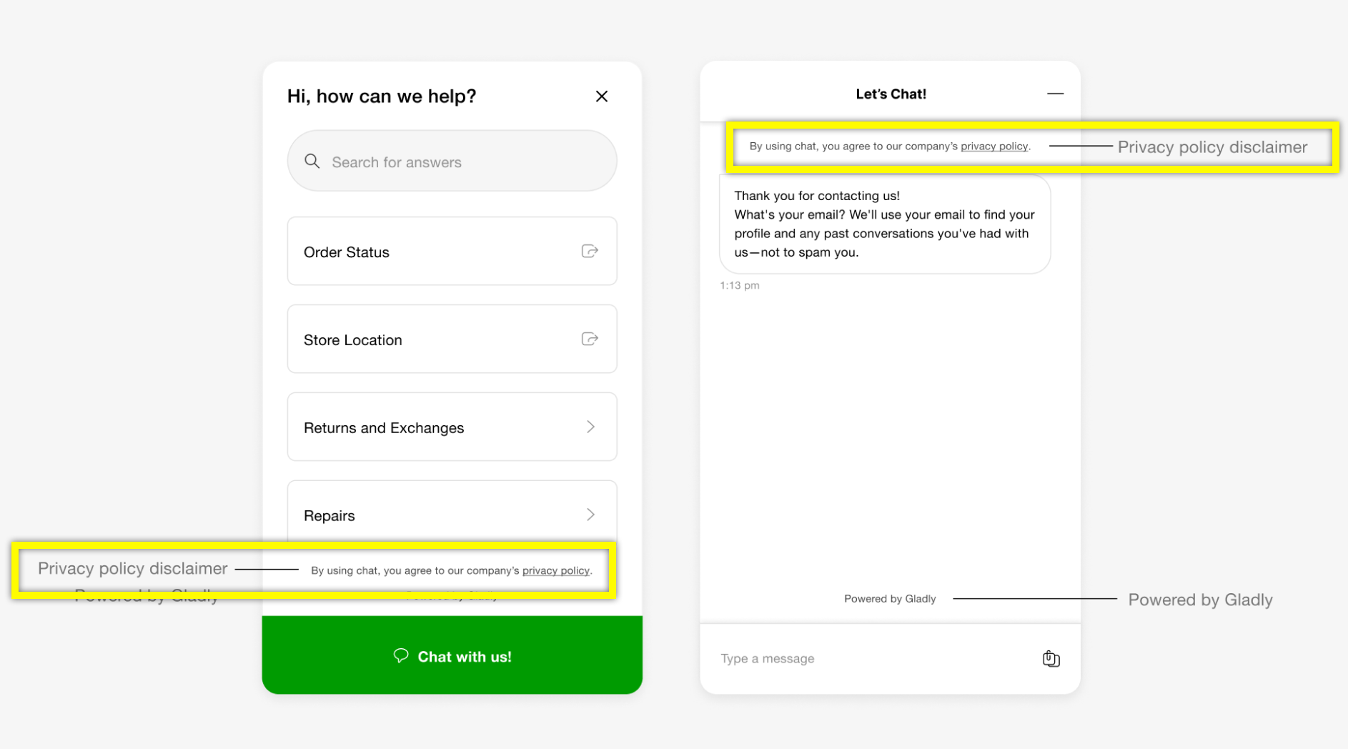 Chat interface displaying privacy policy agreement and customer service options.