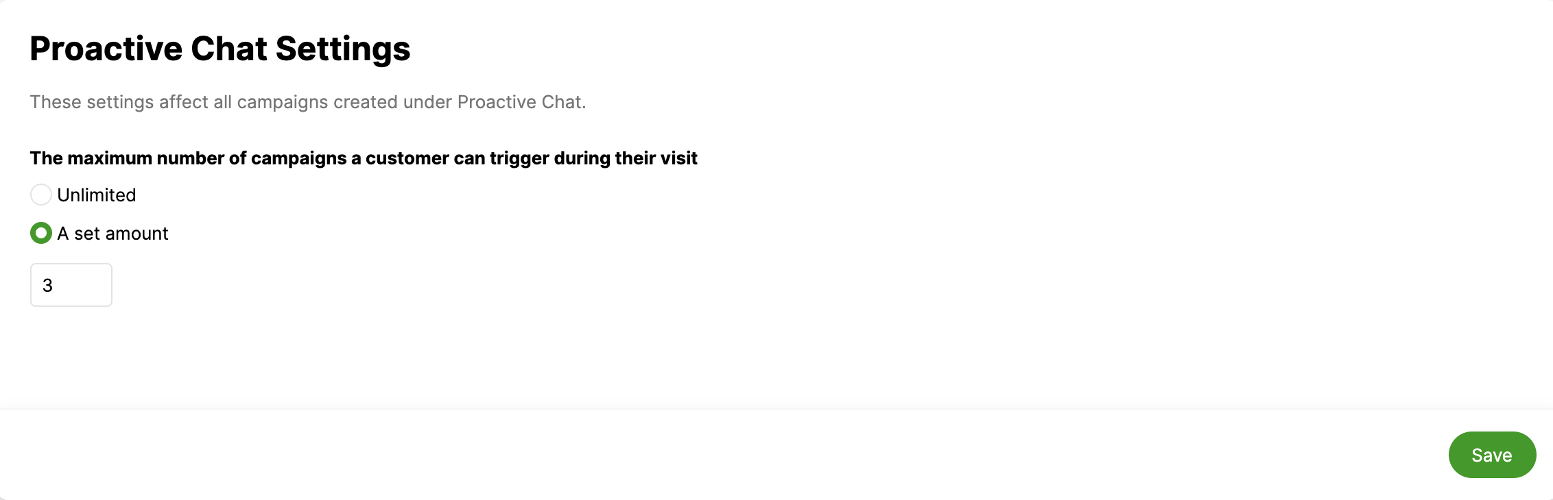 Settings for proactive chat campaigns, including limits on customer triggers during visits.