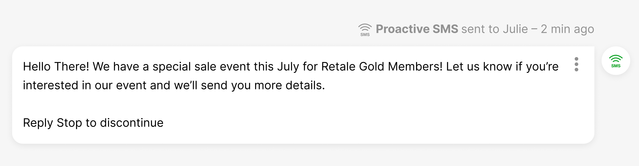 SMS notification about a special sale event for Retail Gold Members this July.