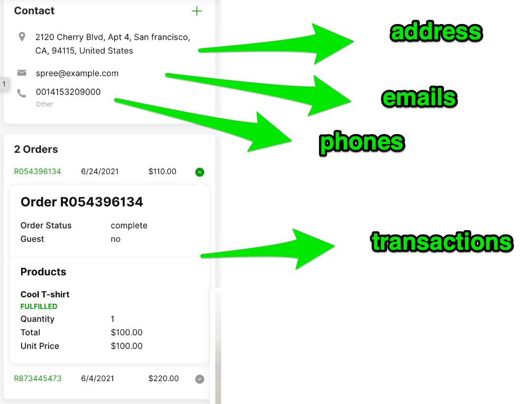 Contact information including address, emails, phones, and transaction details displayed clearly.