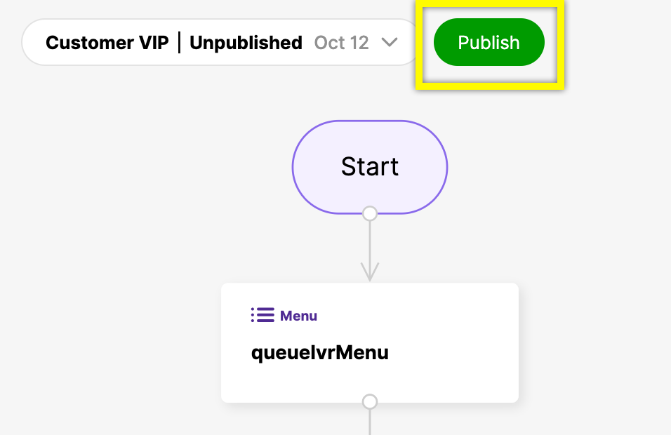 Interface showing 'Customer VIP' status and options to publish or start a menu.