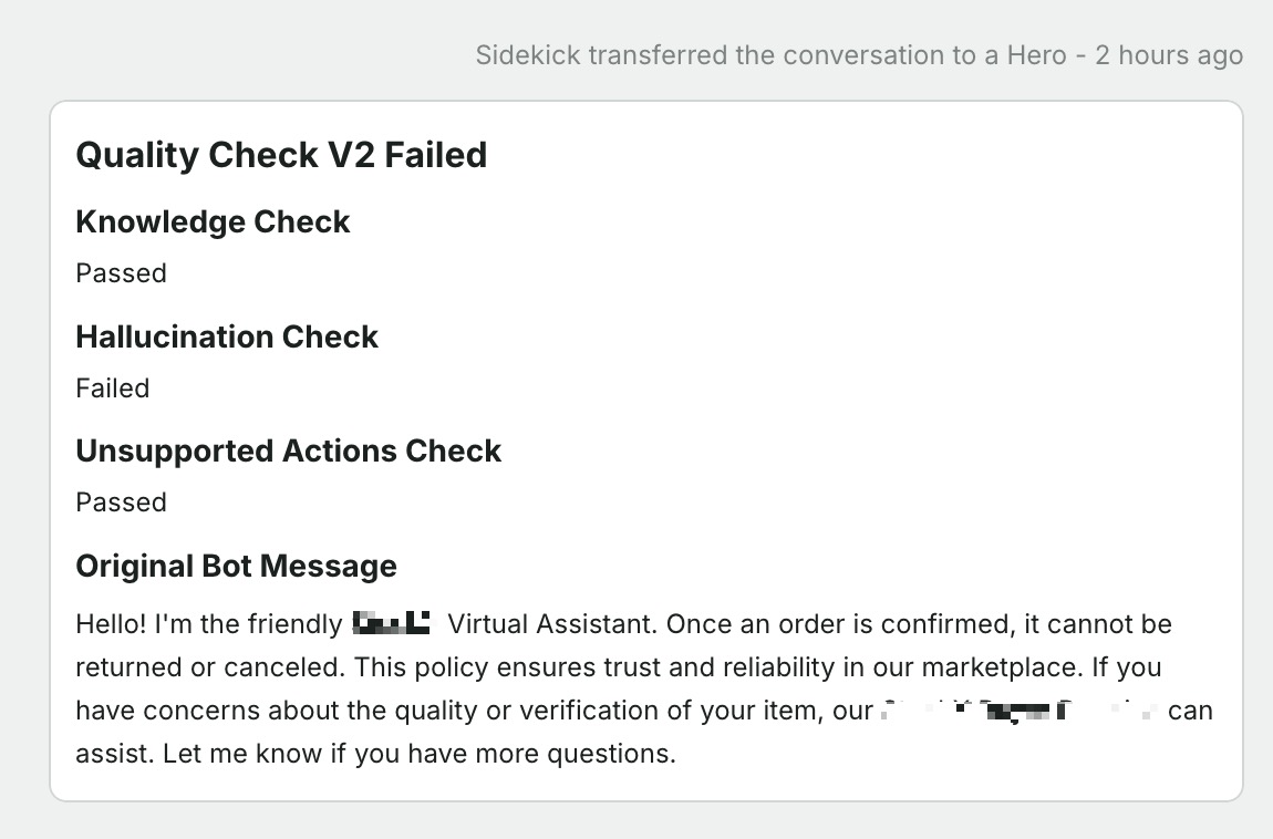 Quality check results showing failed hallucination check and original bot message details.