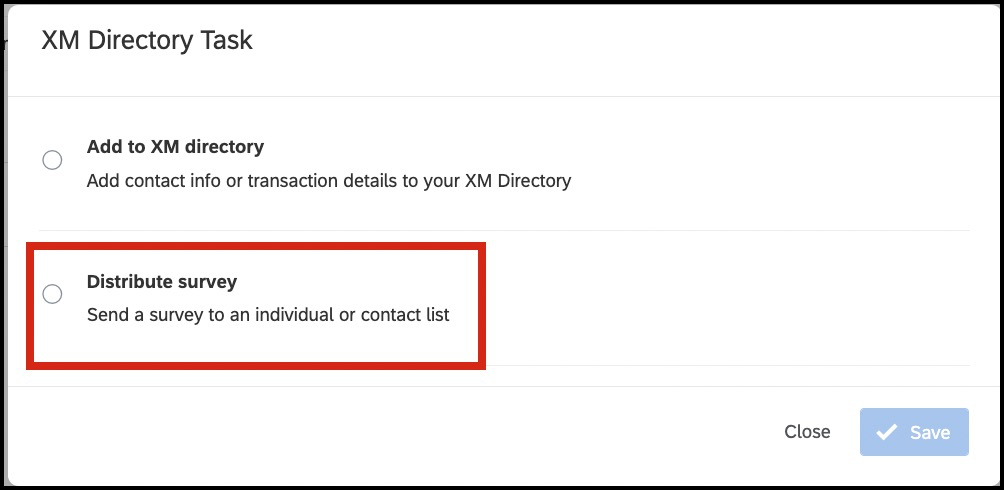 Options for XM Directory Task, highlighting the 'Distribute survey' selection.