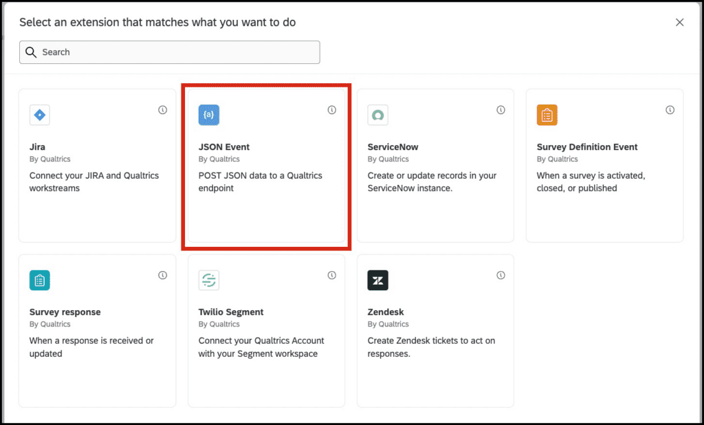 Selection screen displaying various Qualtrics extensions including JSON Event option.