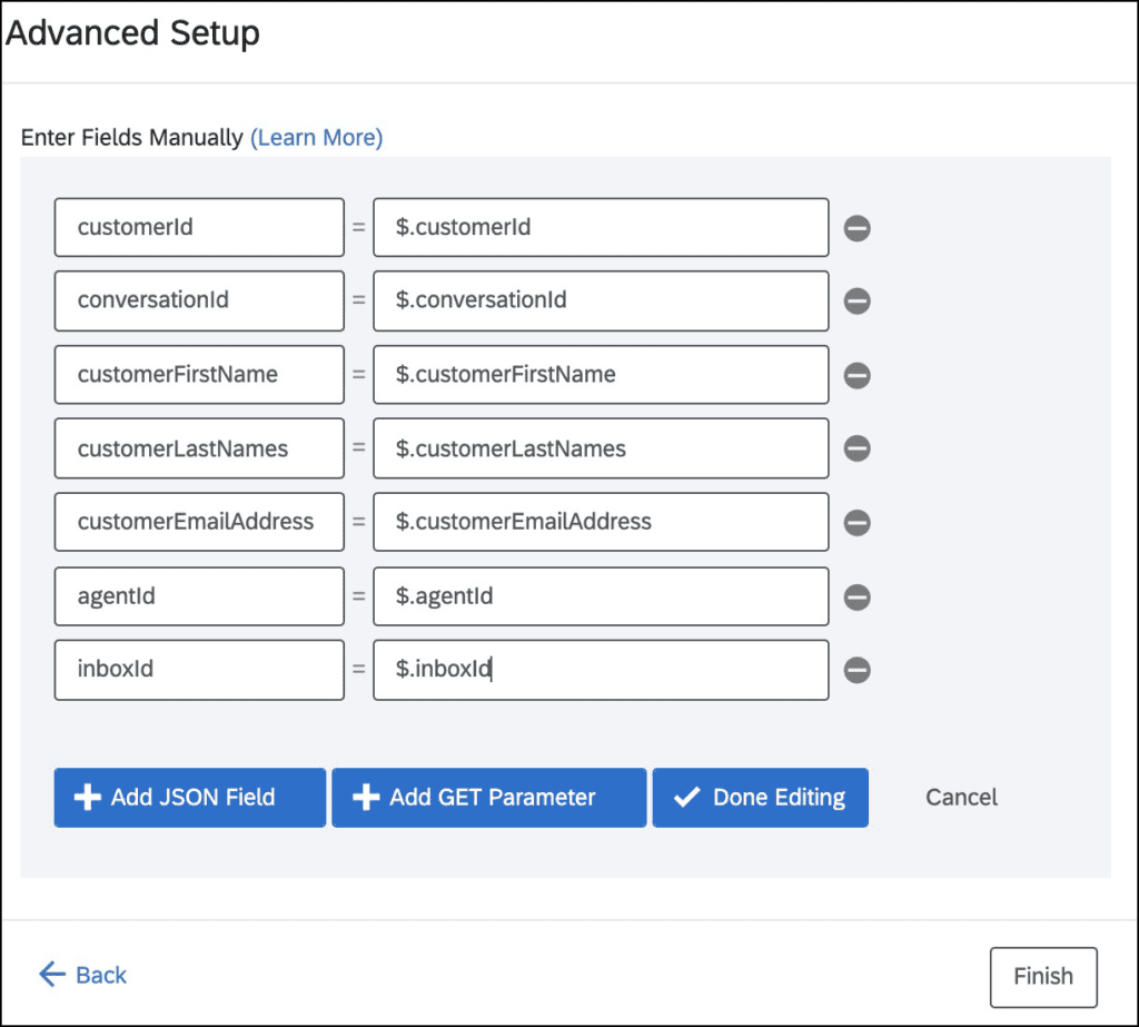 Advanced setup interface displaying fields for customer and agent information entry.