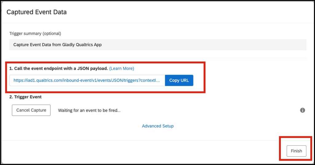 Instructions for capturing event data with a JSON payload and triggering an event.