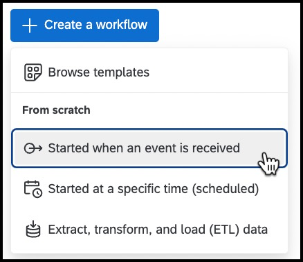 Workflow creation options including event-based triggers and scheduled tasks for automation.