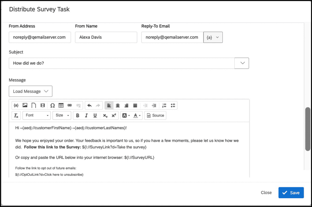 Email template for distributing a customer feedback survey with highlighted link.