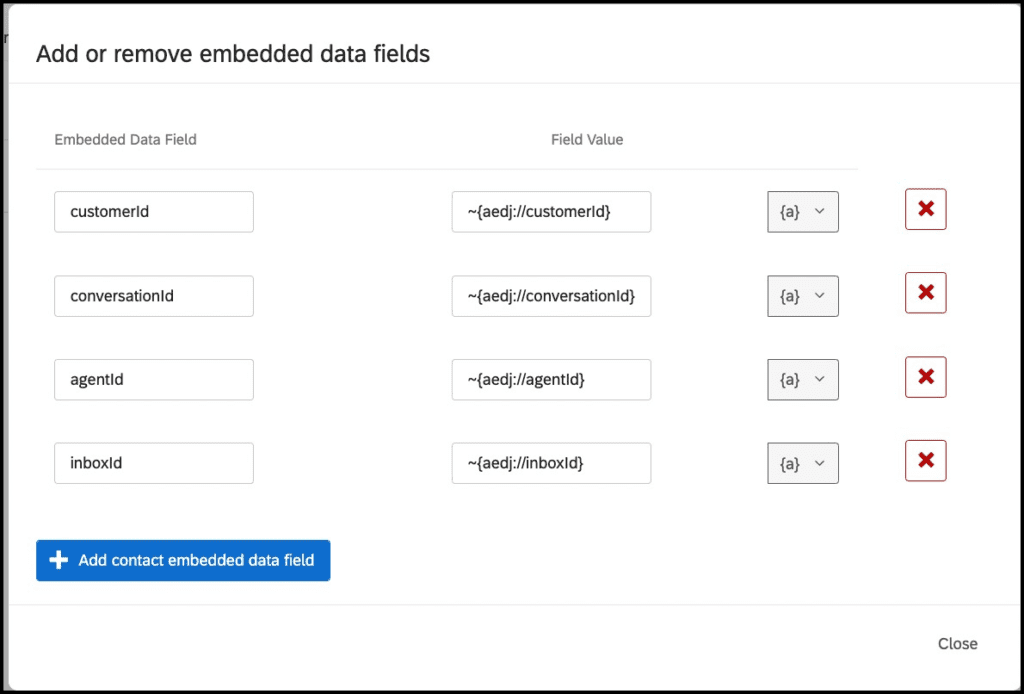 Form to add or remove embedded data fields with various field values listed.