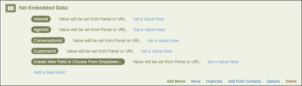 Embedded data fields for setting values in a user interface panel.