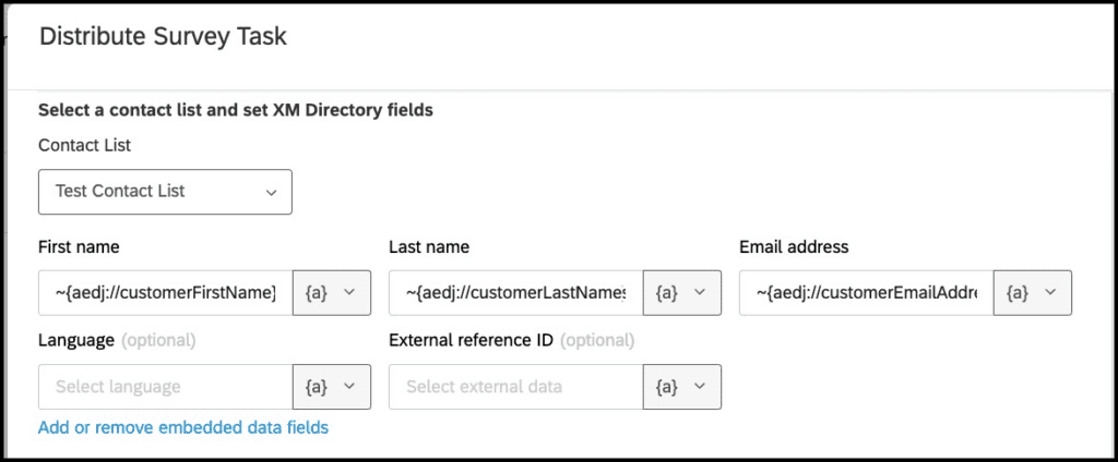 Form fields for distributing a survey, including contact list and personal information sections.