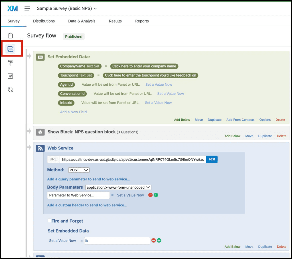 Survey flow interface showing embedded data and web service parameters for NPS questions.