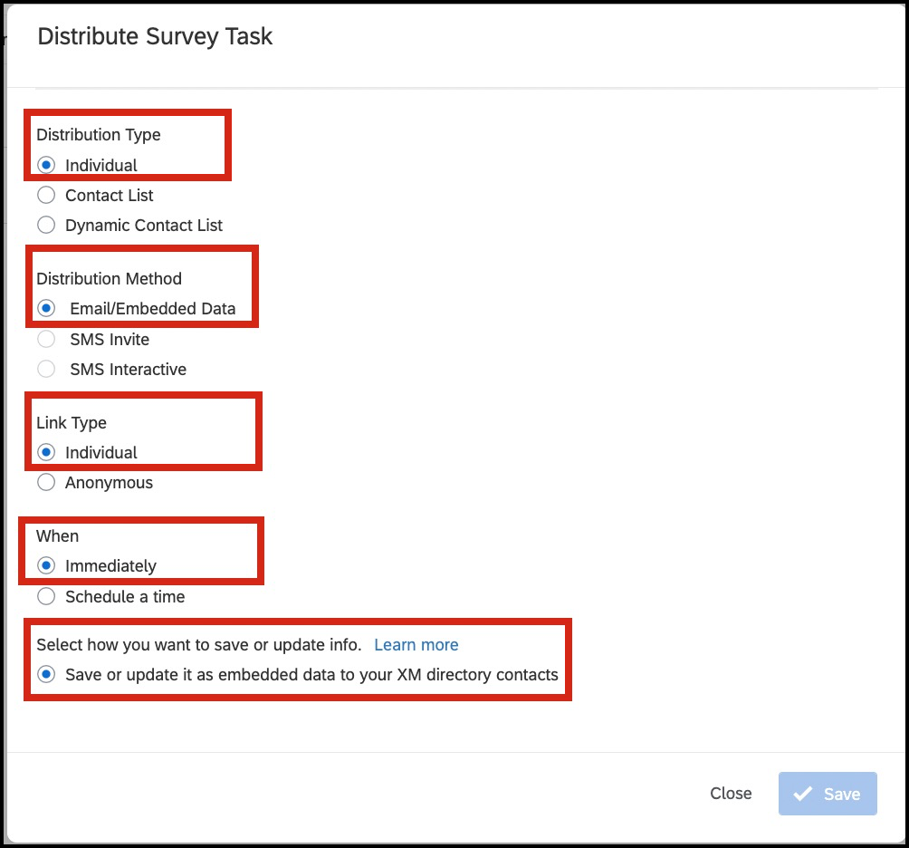 Survey distribution options including type, method, link type, and saving preferences.