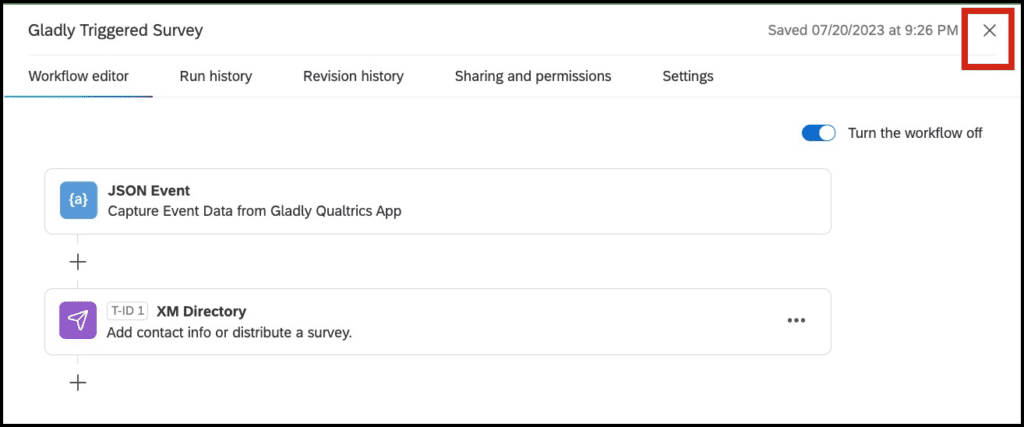 Workflow editor showing JSON Event and XM Directory components for survey distribution.