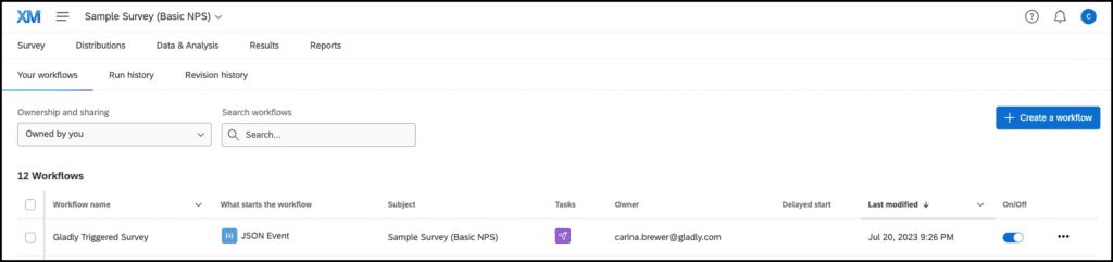 Overview of workflows in a survey management interface with detailed task information.